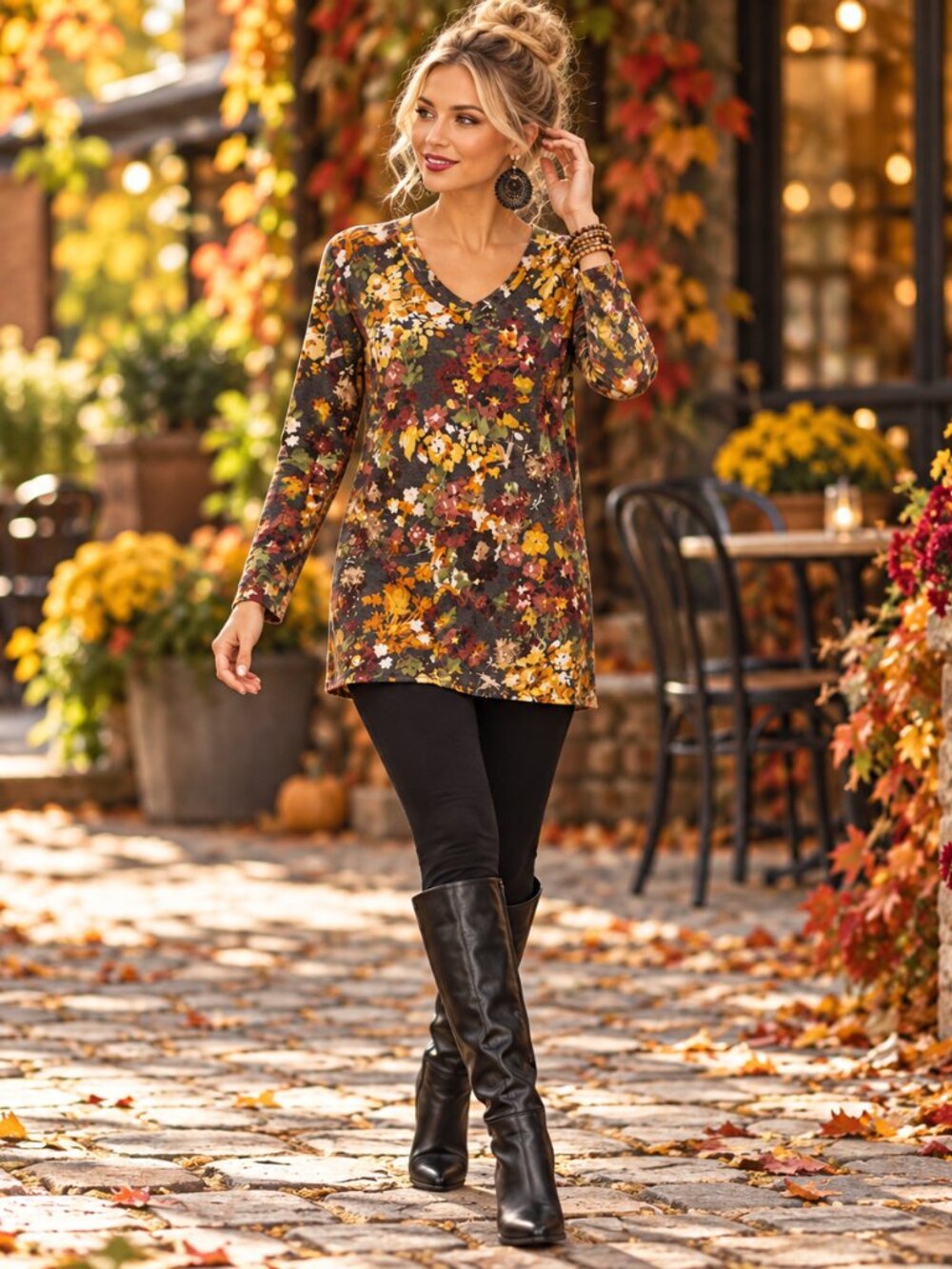 Giddy Up Glamour Medium Floral V-Neck Tunic Top Long Sleeve Boho